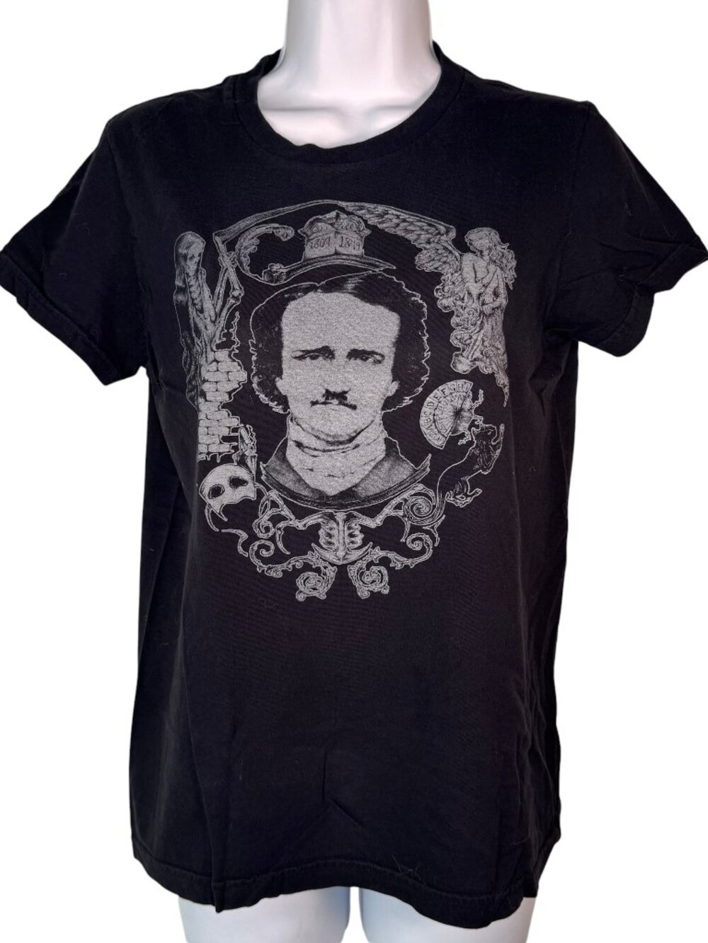 Edgar Allan Poe Black & White Babydoll Shirt Top Goth Horror Nevermore Skulls L
